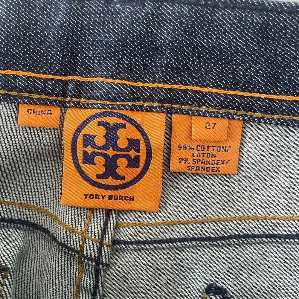 Tory‎ Burch Classic Tory Jeans in Dark Blue Women 27 BootCut Flare Gold Fishings